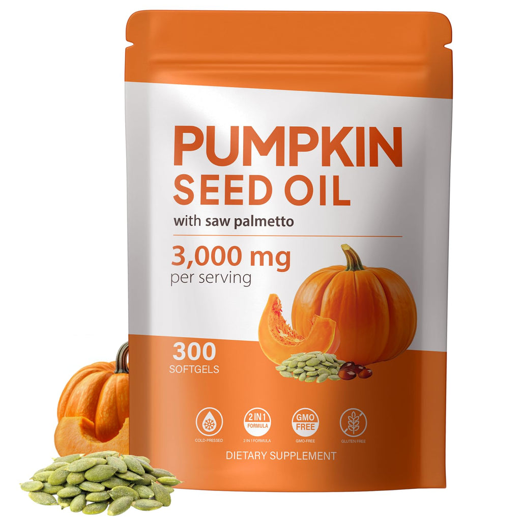 Pumpkin Seed Oil with Saw Palmetto Capsules - Organic Pumpkin Seeds Oil Supplement - Cold Pressed, Pure Virgin Oil - Supports Hair, Urinary, Bladder & Prostate Health, Vegan, Non-GMO, 300 Softgels