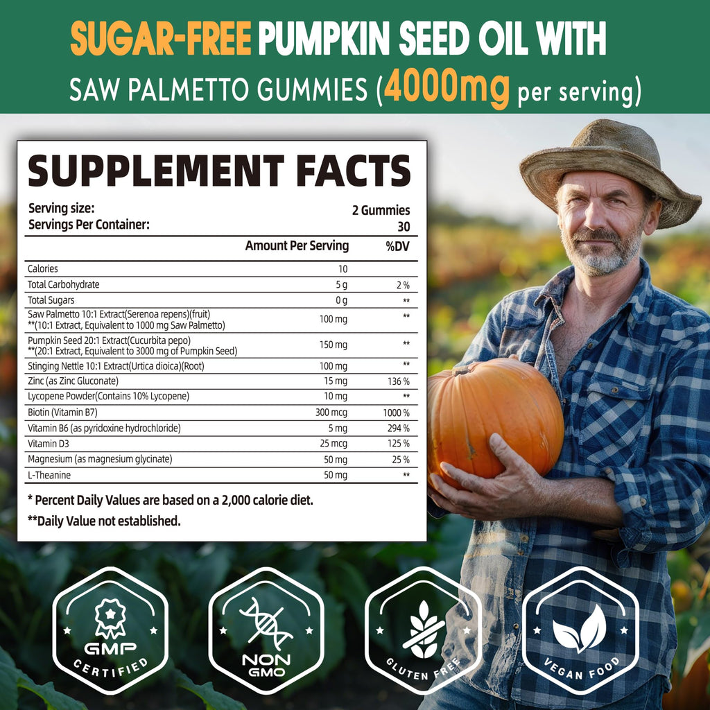 Pumpkin Seed Oil with Saw Palmetto Gummies – Organic, Sugar-Free, Vegan, 60 Gummies