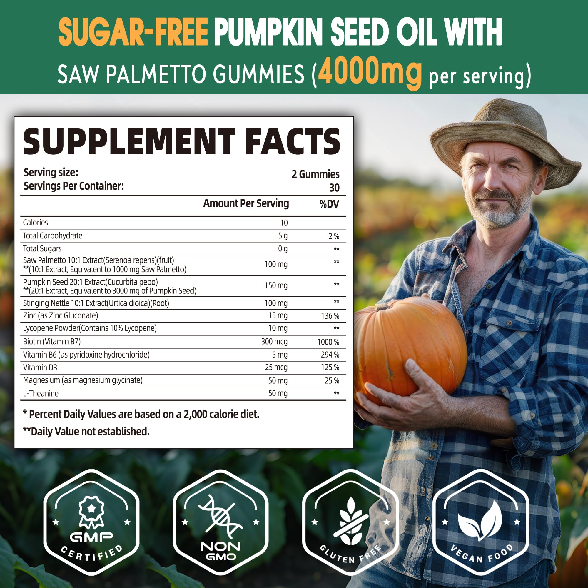 Pumpkin Seed Oil with Saw Palmetto Gummies – Organic, Sugar-Free, Vegan, 60 Gummies