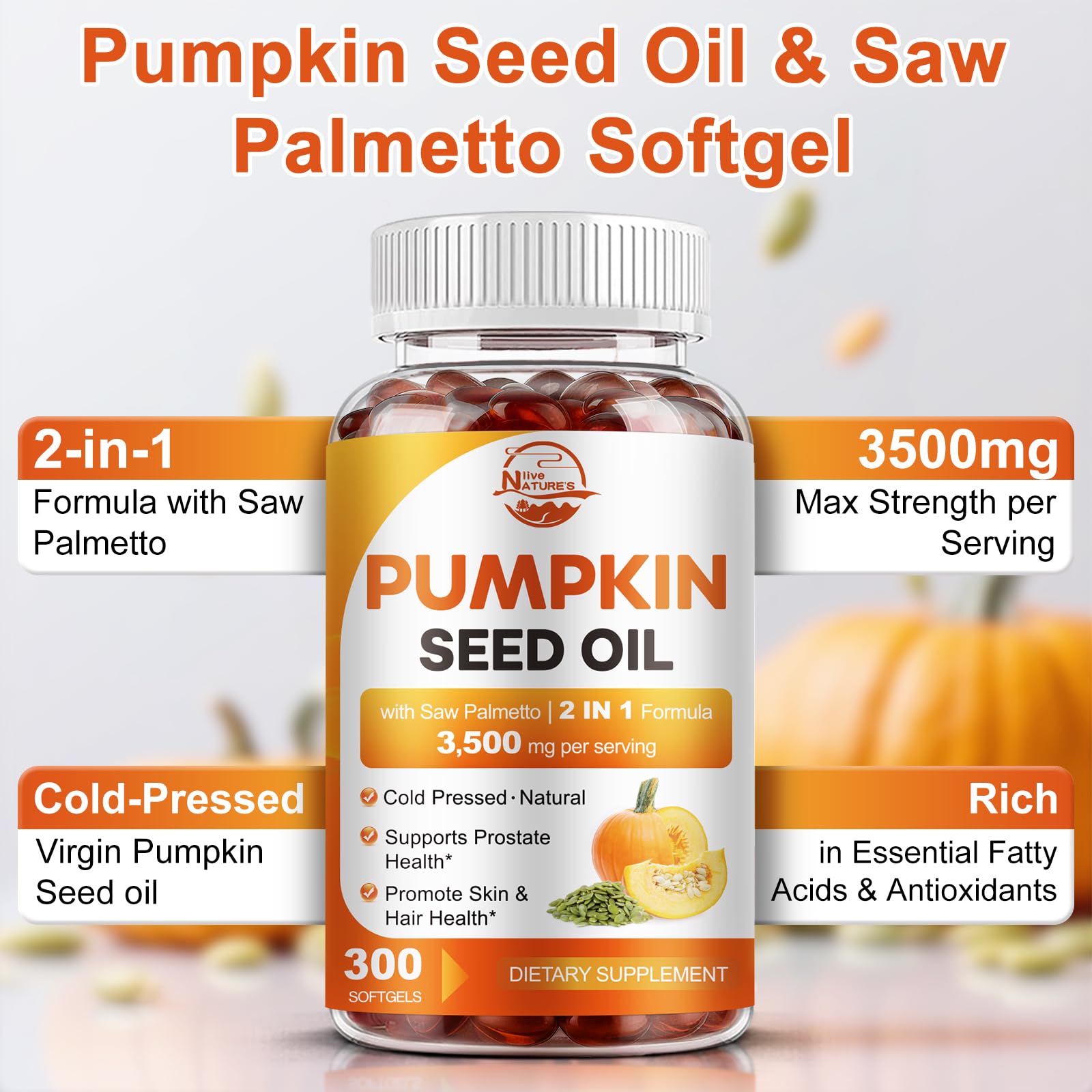 Pumpkin Seed Oil with Saw Palmetto 3500mg Softgels, 300ct, Cold-Pressed