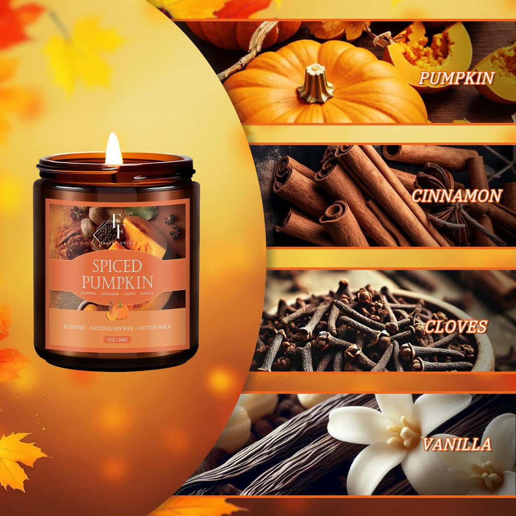 Fall Candle: Spiced Pumpkin Scented Soy, 7 oz Jar | Autumn Aromatherapy