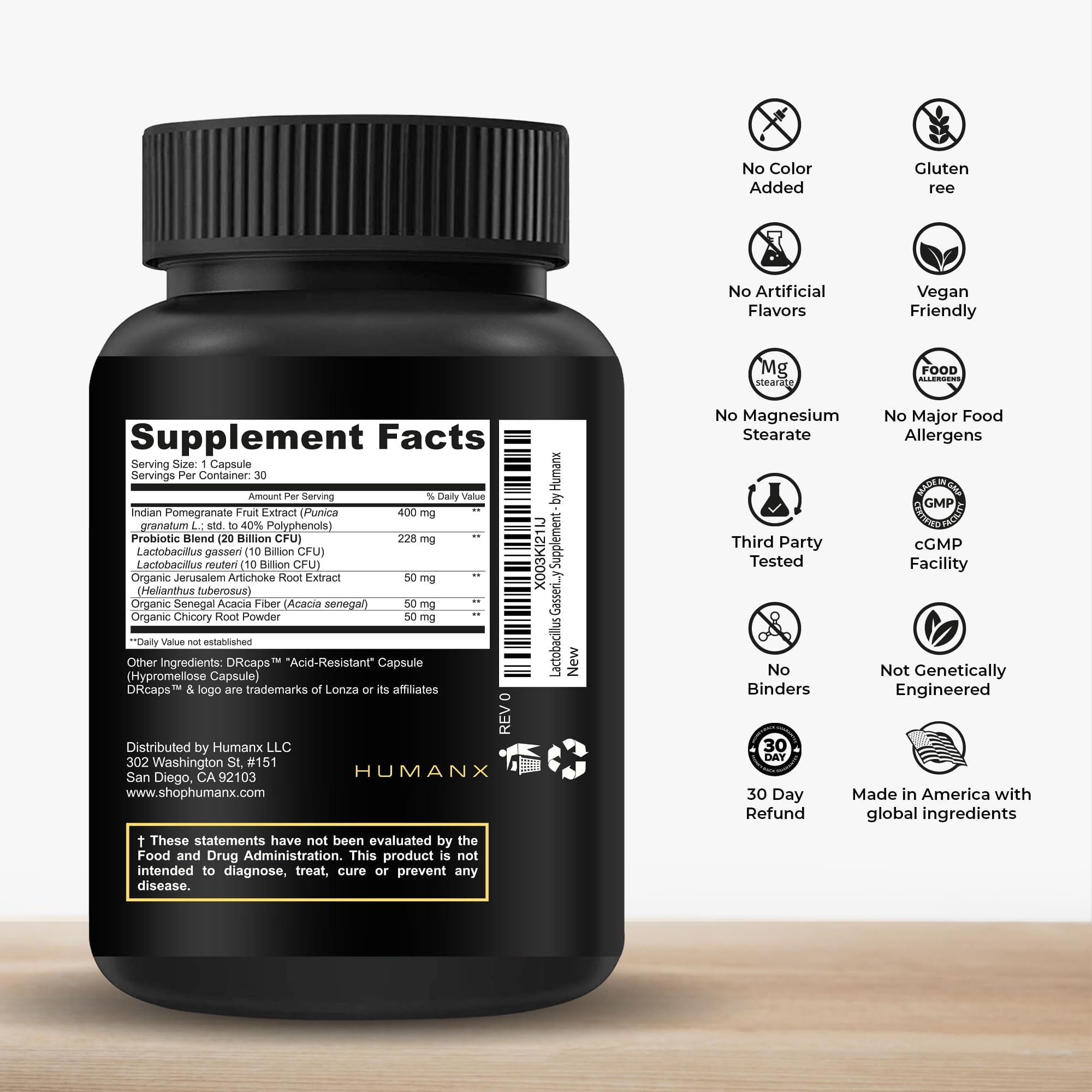 HUMANX Lactobacillus Gasseri & Reuteri+ 20B CFU Probiotic – Organic Prebiotics & Punicaligans – USA Made
