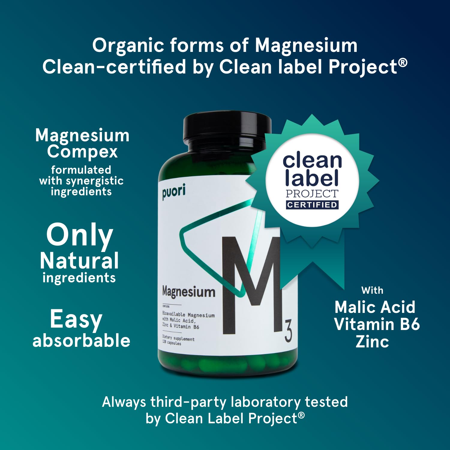 Puori Magnesium Complex M3 – High Absorption Magnesium Taurinate & Gluconate with Zinc, Vitamin B6 & Malic Acid | 240 Vegan Capsules