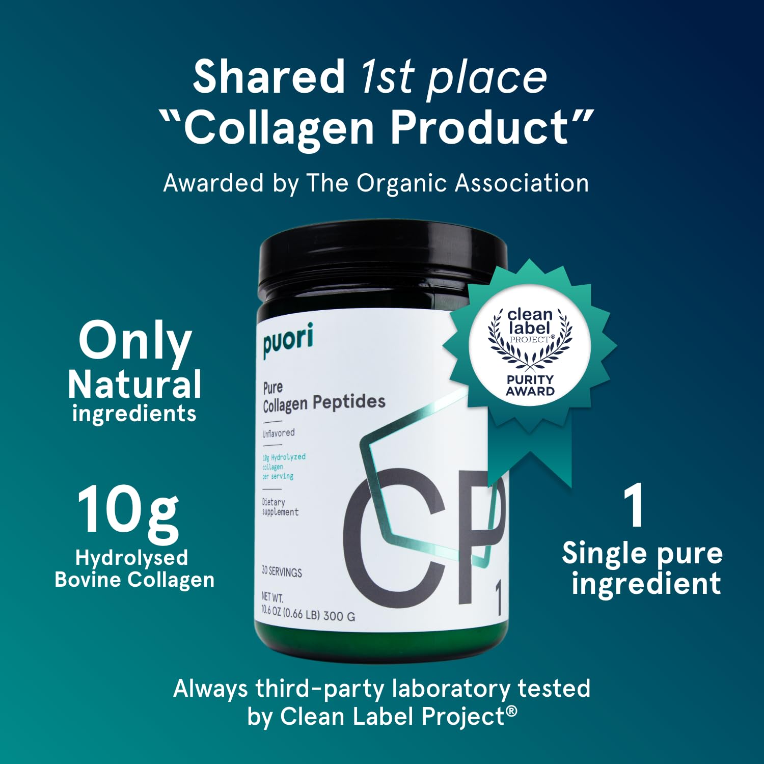 Puori Pure Collagen Peptides Powder, Unflavored — 10g Grass-Fed Bovine Collagen, Skin, Hair & Nails, Joint Support, 30 Servings