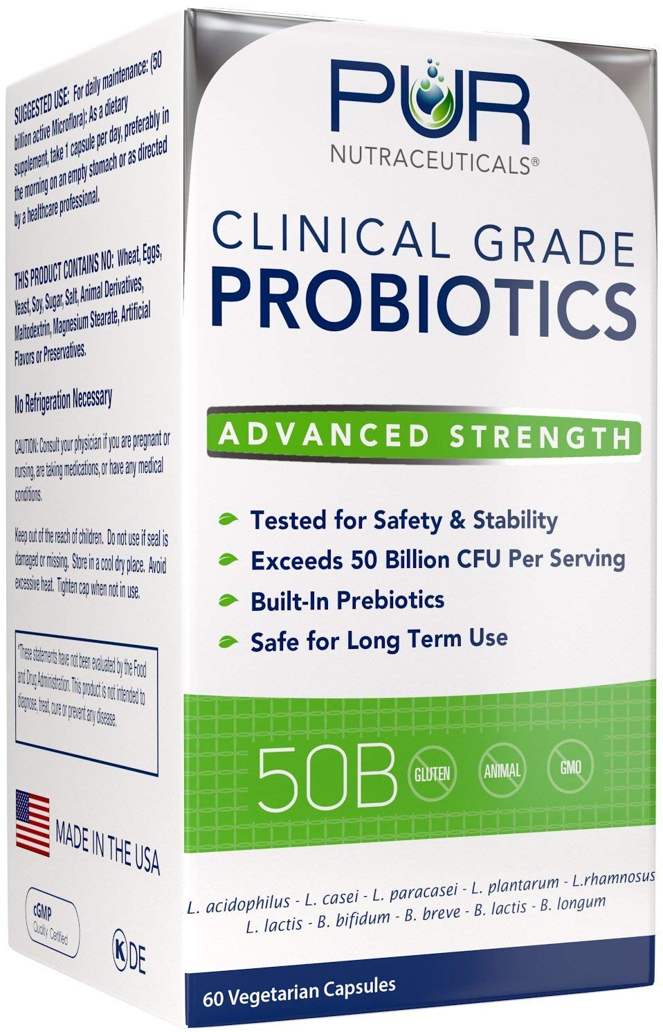 PUR Nutraceuticals Clinical Grade Probiotics - 50 Billion CFUs, 10 Strains, 2 Month Supply, Made in USA