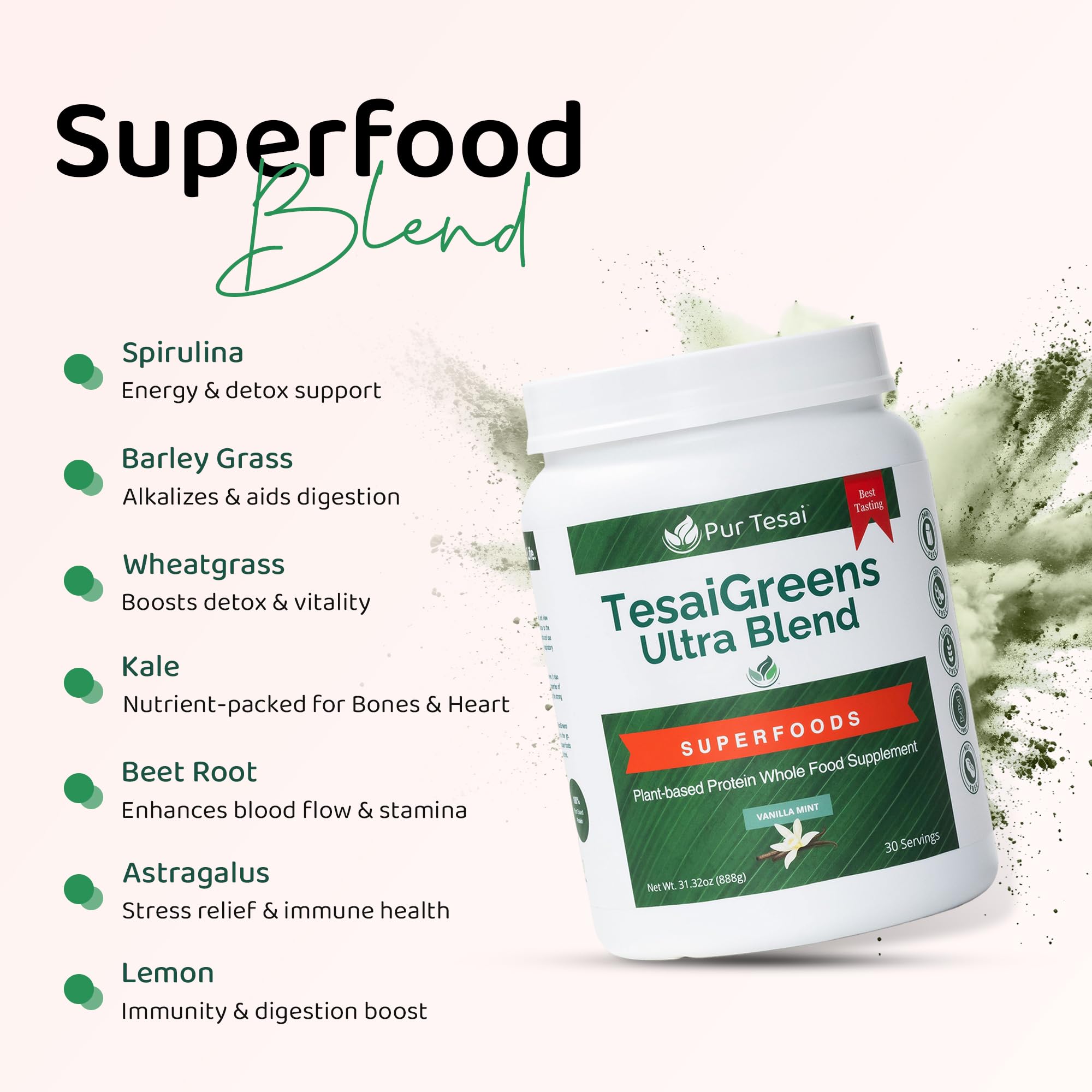 Pur Tesai TesaiGreens Ultra Blend Superfood Powder – Plant-Based Nutrition, 16g Protein, 7B Probiotics