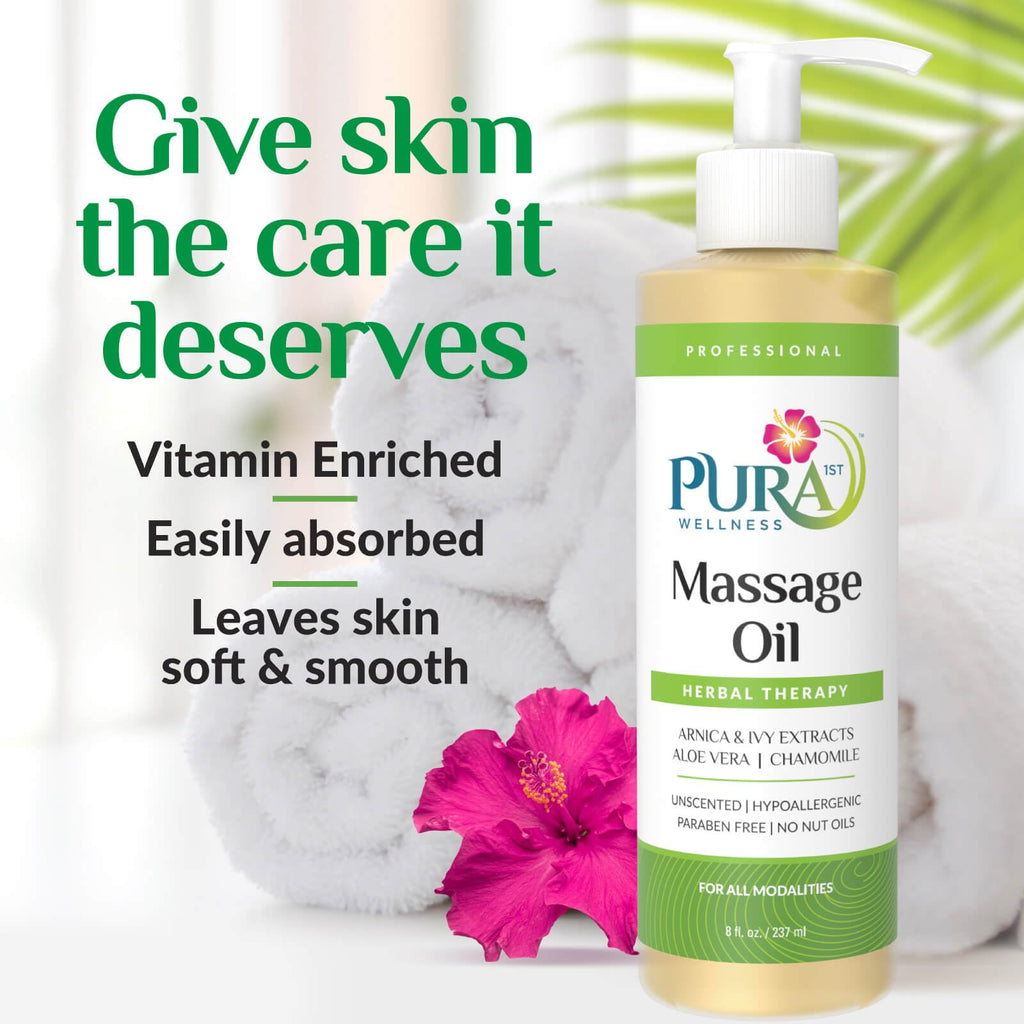 PURA 1st Wellness Herbal Massage Oil (8oz) – Hypoallergenic, Unscented for Muscle Relief & Physical Therapy
