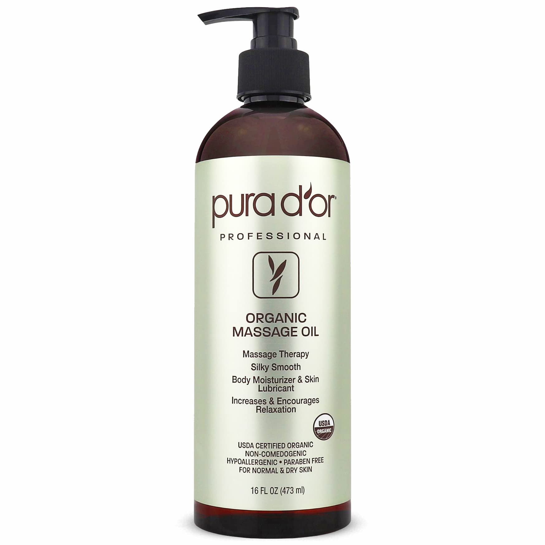 PURA D'OR Organic Massage Therapy Oil 16 oz - Almond, Argan, Jojoba, Lavender