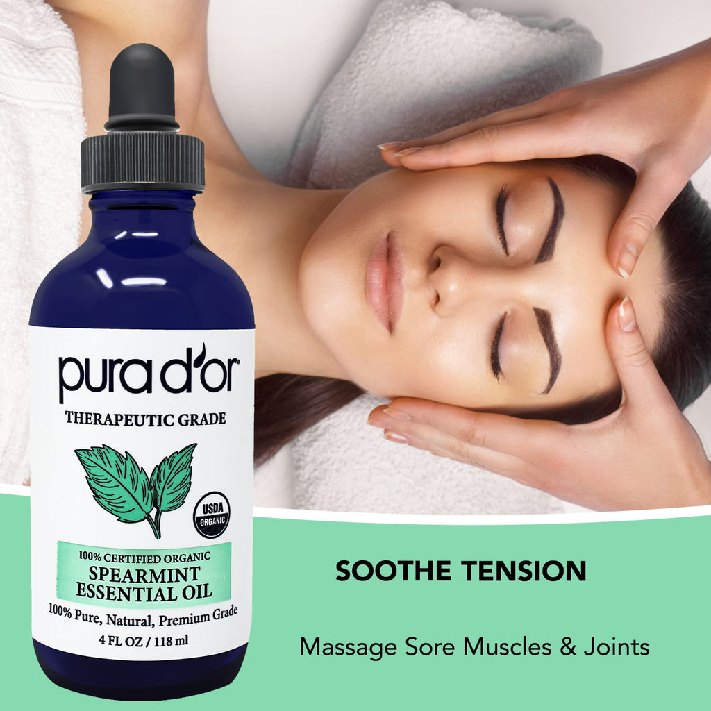 PURA D'OR Spearmint Essential Oil (4oz) - Therapeutic Grade, Diffuser & Aromatherapy