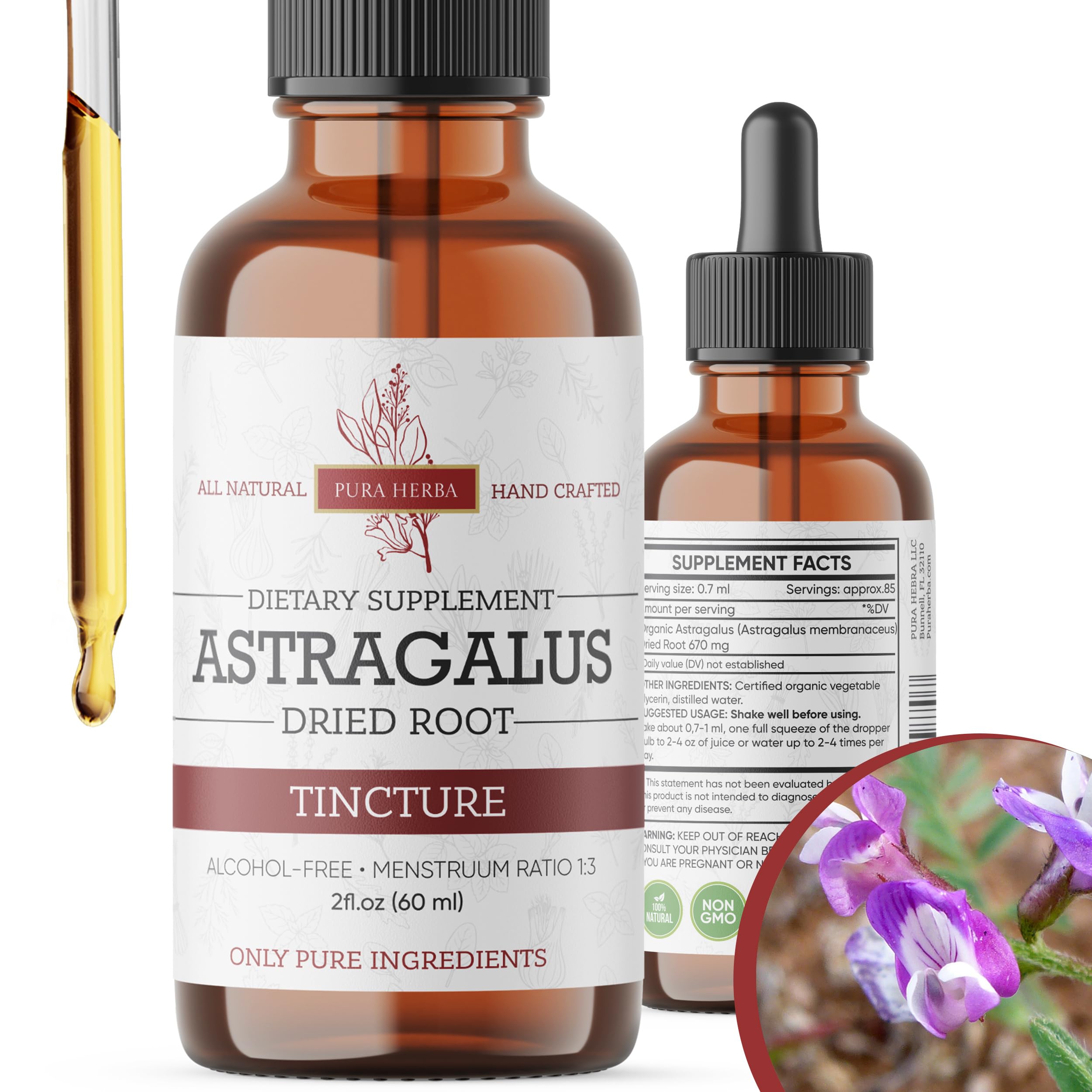 Pura Herba Organic Astragalus Tincture - Premium Immune Support | Alcohol-Free, Sugar-Free, Vegan | Made in USA | 2 Fl Oz