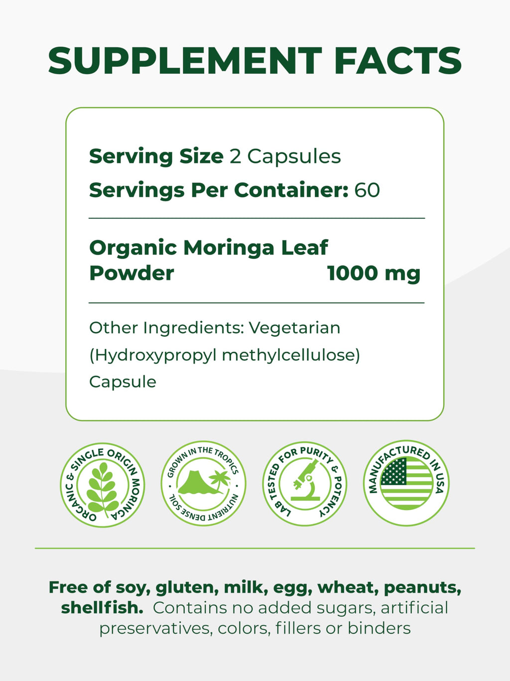 PURA VIDA MORINGA Capsules Single Origin Moringa Powder Organic. Pure Moringa Leaf. Energy, Metabolism, & Immune Support. 120ct. 500mg Caps.