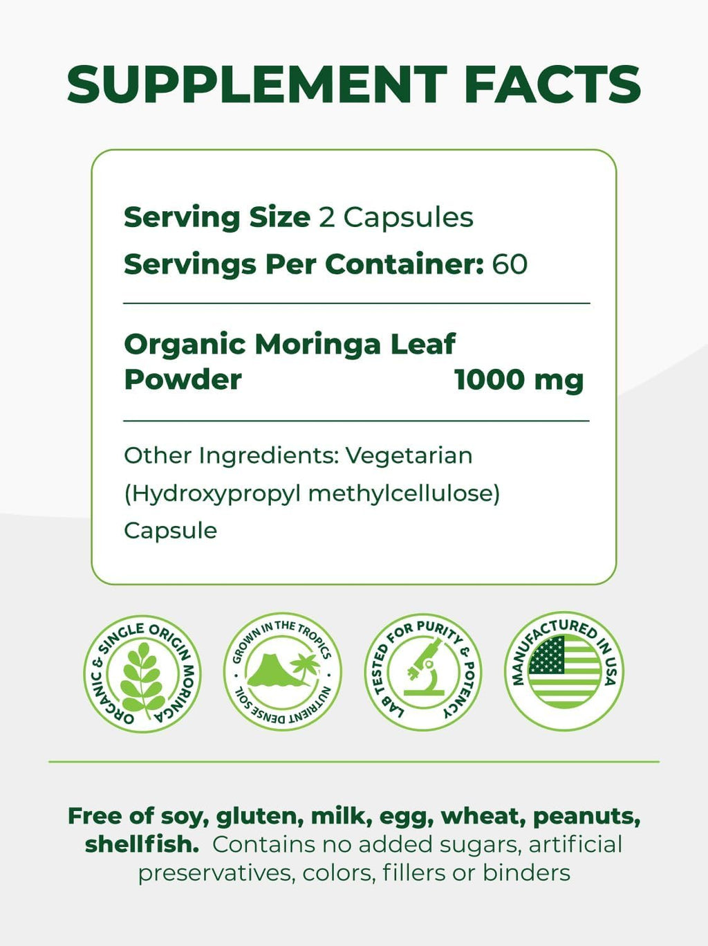 PURA VIDA MORINGA Capsules — Single Origin Organic Moringa Powder, 120 Count (500 mg) — Pack of 2