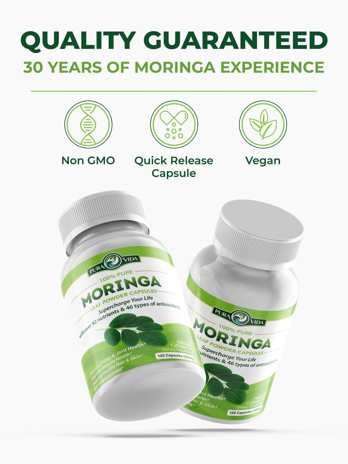 PURA VIDA MORINGA Capsules — Single Origin Organic Moringa Powder, 120 Count (500 mg) — Pack of 2