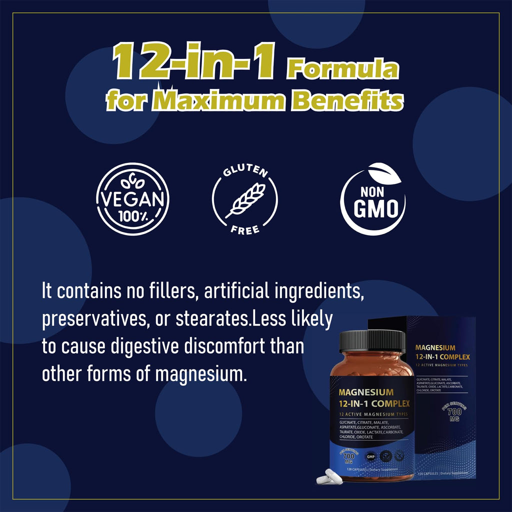 Puravita Magnesium Complex 700mg 12-in-1 | Easy Absorption | Vegan & Non-GMO | 120 Capsules