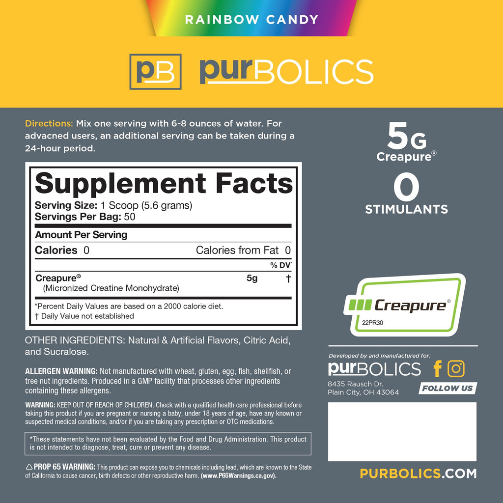 Purbolics Creapure Creatine Monohydrate 5g Micronized – Rainbow Candy (50 Servings)