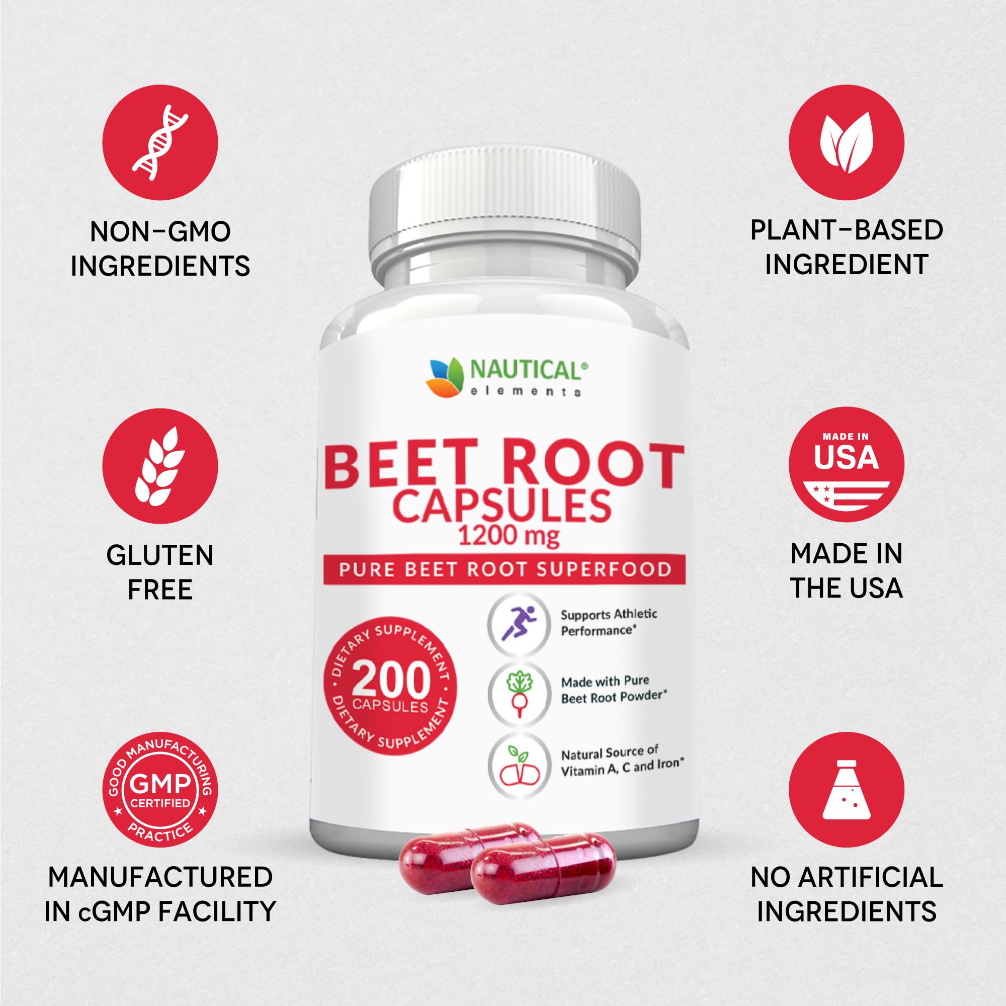 Beet Root Capsules 1200mg per Serving | 200 Capsules | Non-GMO & Gluten Free