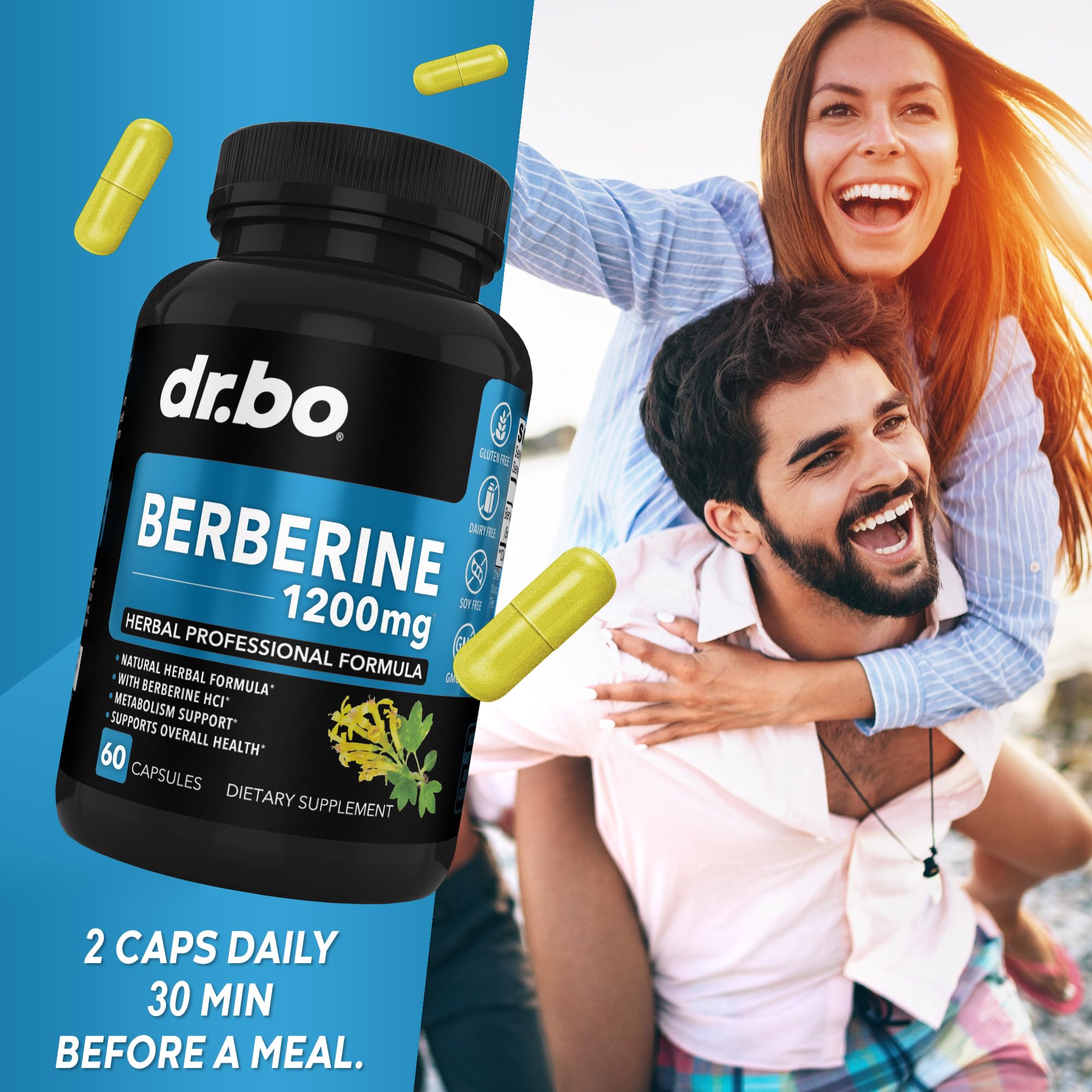 Berberine Supplement Capsules - 1200mg Berberine HCL Supplement for Healthy Metabolic Support - Premium Natural Complex for Women & Men, Pure Support Capsules Supplements - 60 Pills