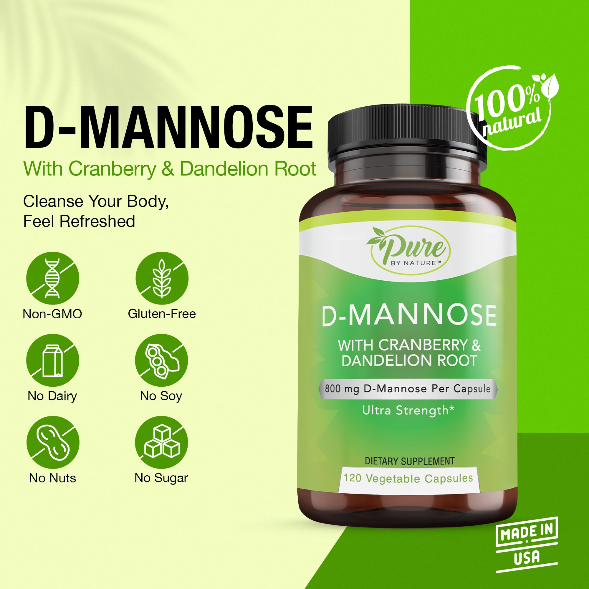 Pure By Nature D-Mannose with Cranberry & Dandelion Root – 120 Count | Natural UTI Relief