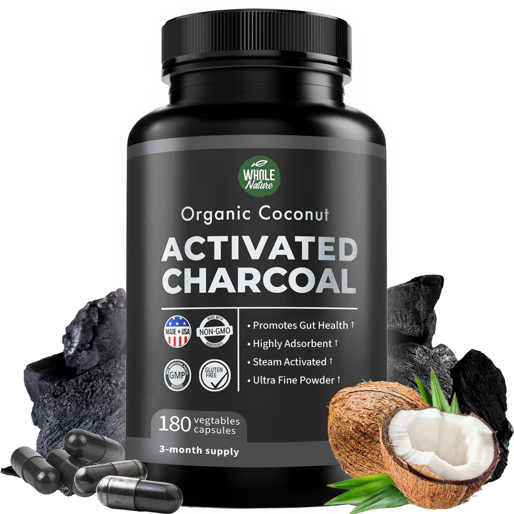 Pure Coconut Activated Charcoal Capsules - 180 Count | Teeth Whitening, Bloating & Cleansing