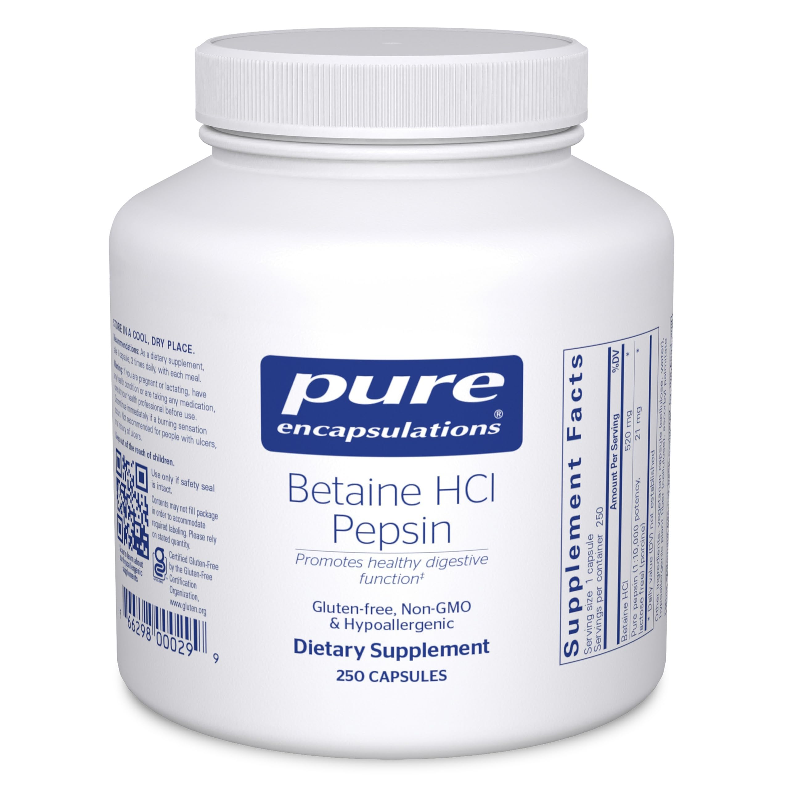 Pure Encapsulations Betaine HCl Pepsin – Digestive Enzymes for Digestion & Nutrient Absorption (250 Capsules)