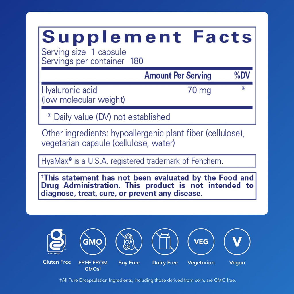 Pure Encapsulations Hyaluronic Acid | Skin Hydration & Joint Support | Gluten Free, Vegan & Non-GMO | 180 Capsules