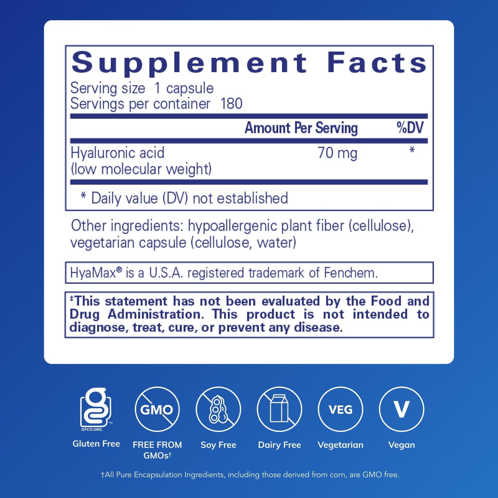 Pure Encapsulations Hyaluronic Acid | Skin Hydration & Joint Support | Gluten Free, Vegan & Non-GMO | 180 Capsules