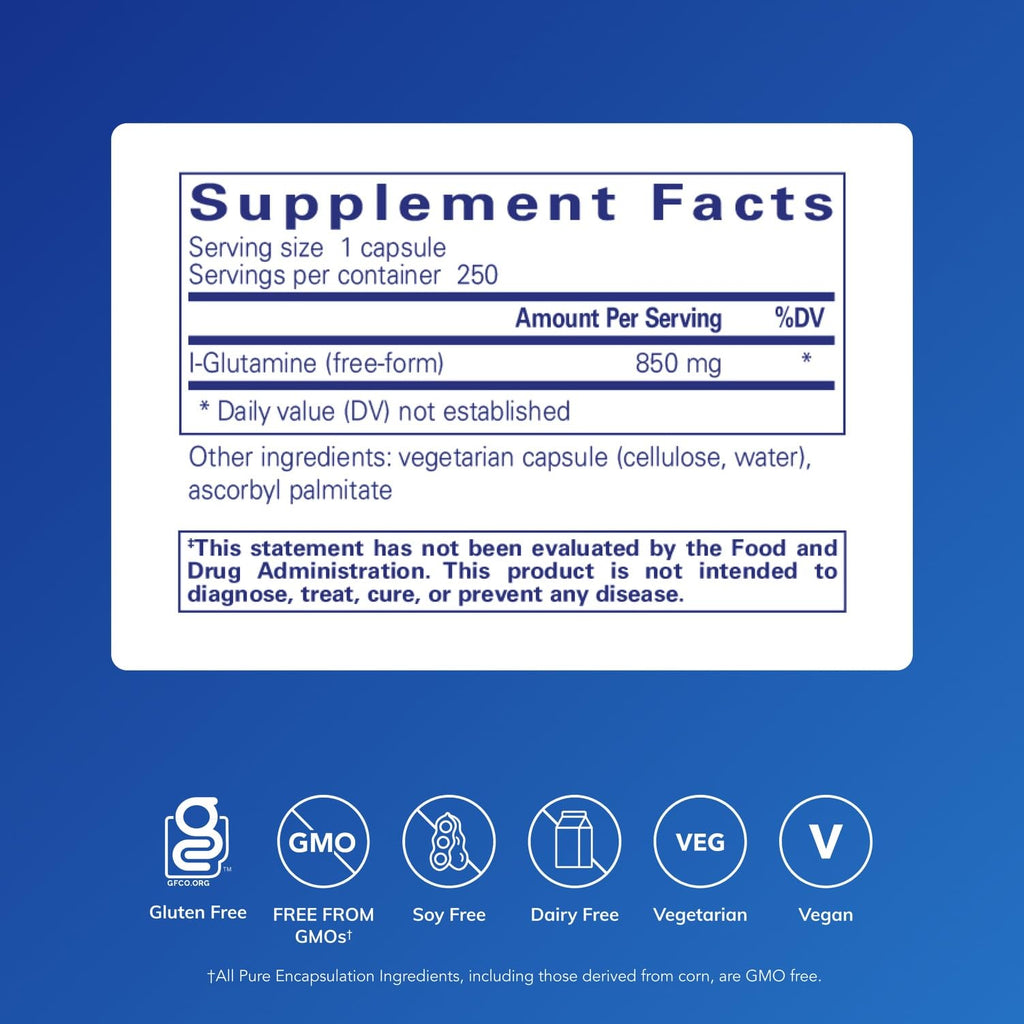 Pure Encapsulations L-Glutamine 850 mg | Gut Health, Immune & Muscle Support | 250 Capsules