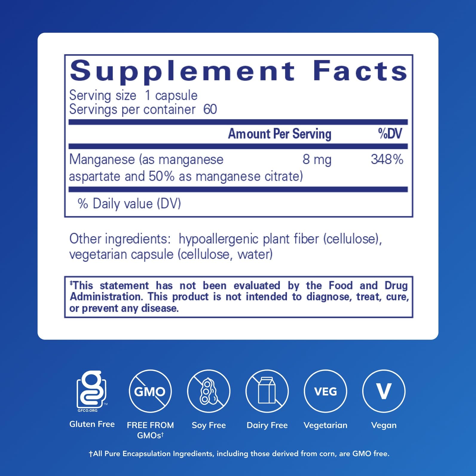 Pure Encapsulations Manganese (Aspartate/Citrate) – Hypoallergenic Trace Mineral for Connective Tissue & Bones | 60 Capsules