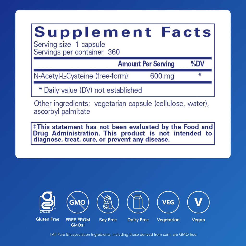 Pure Encapsulations NAC 600 mg – N-Acetyl Cysteine Supplement for Lung Health, Immune Support, Liver Health & Antioxidants* (Freeform N-Acetyl-L-Cysteine) - 360 Capsules