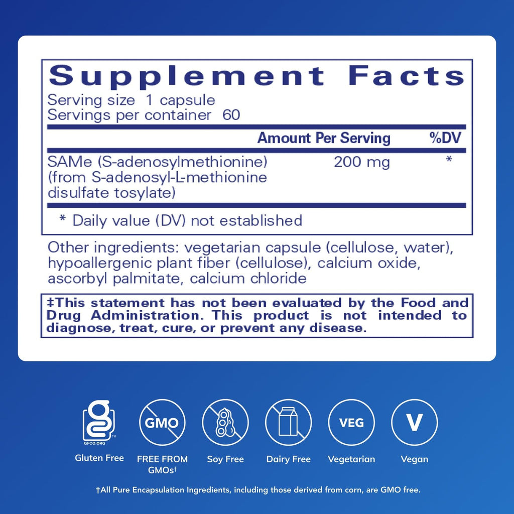 Pure Encapsulations SAMe S-Adenosylmethionine 180's - Supports Joint Health & Glutathione Production* - Gluten Free & Non-GMO - 60 Capsules