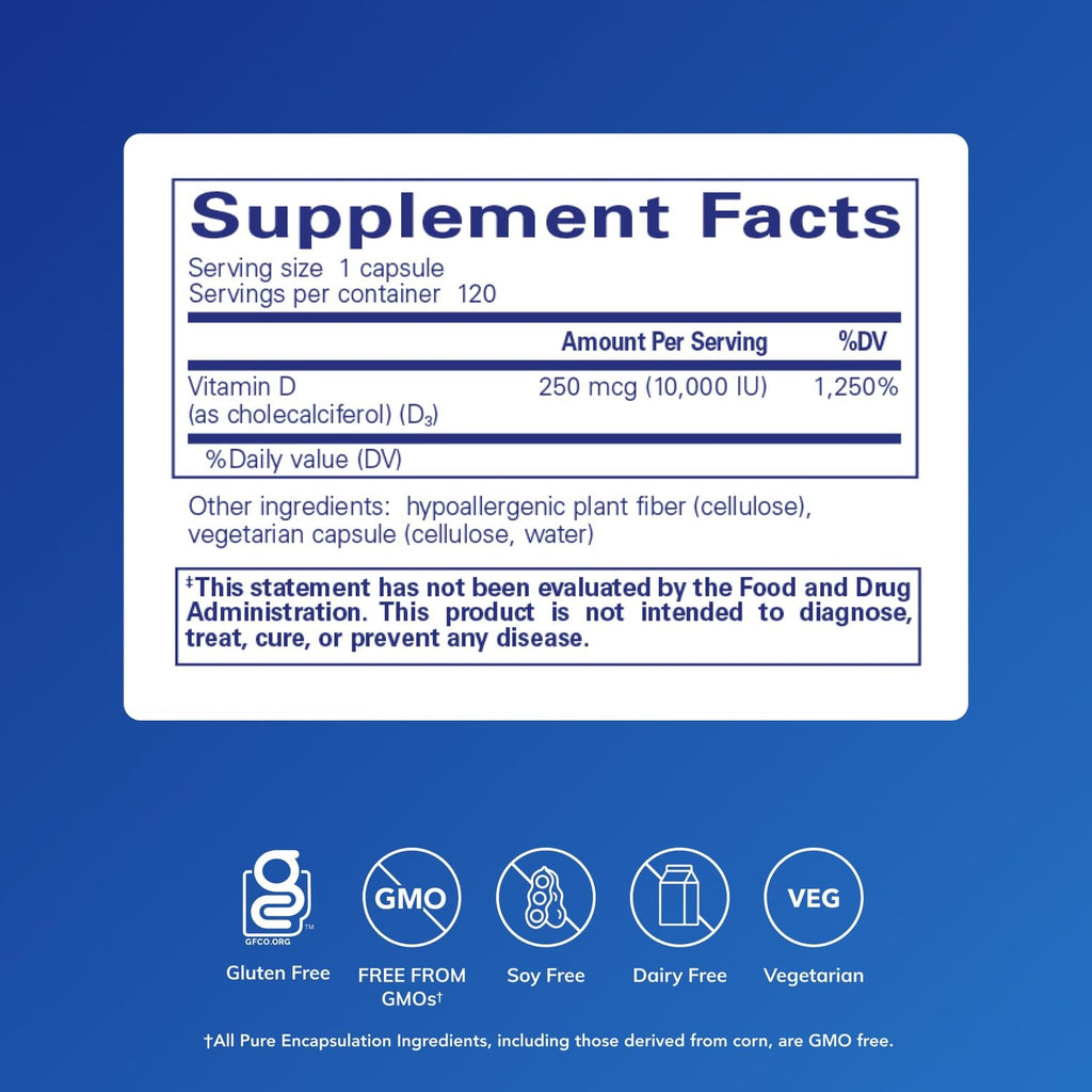 Pure Encapsulations Vitamin D3 250 mcg (10,000 IU) | Bone, Immune & Heart Support – 120 Capsules