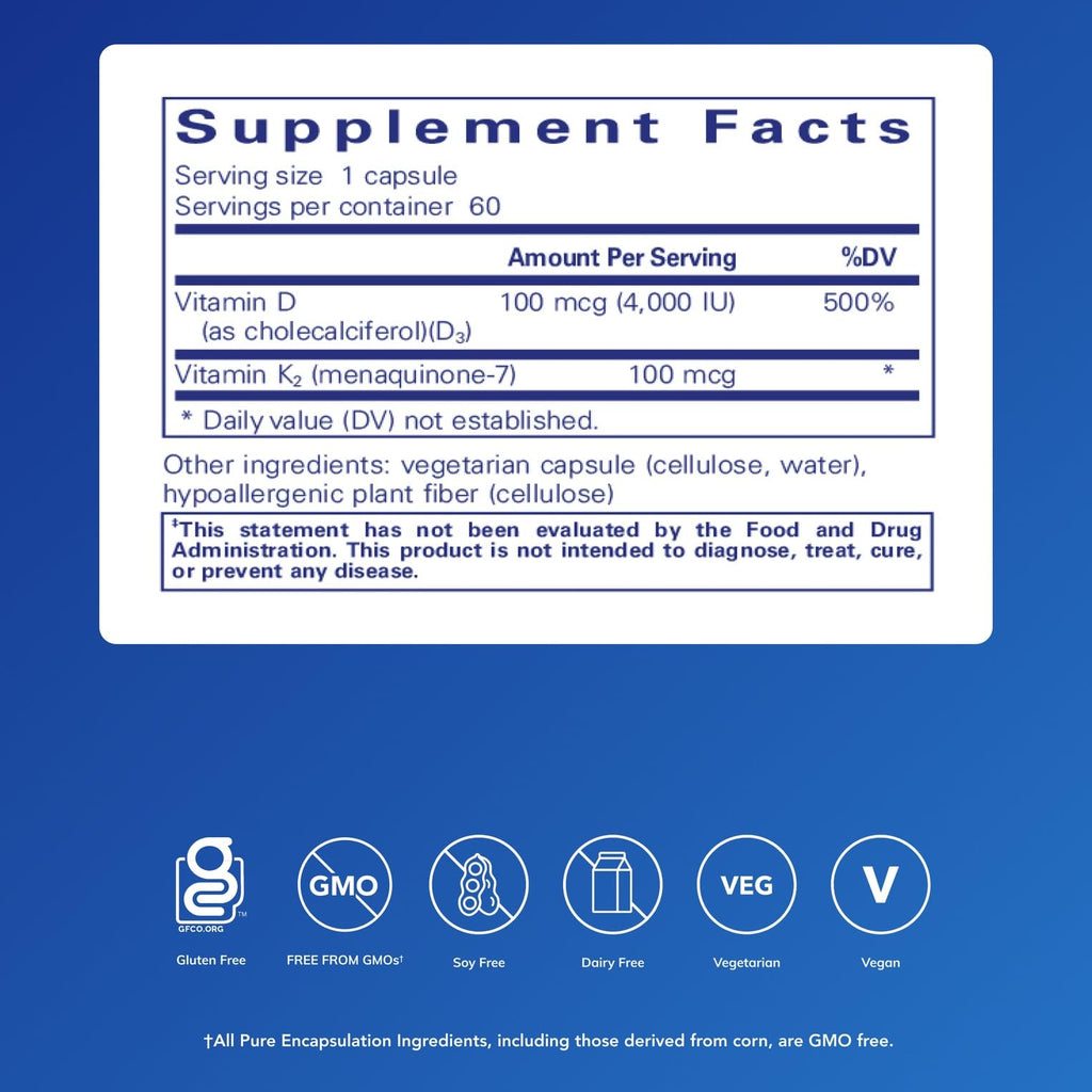 Pure Encapsulations Vitamin D3 & K2 – Bone & Vascular Health (60 Caps)