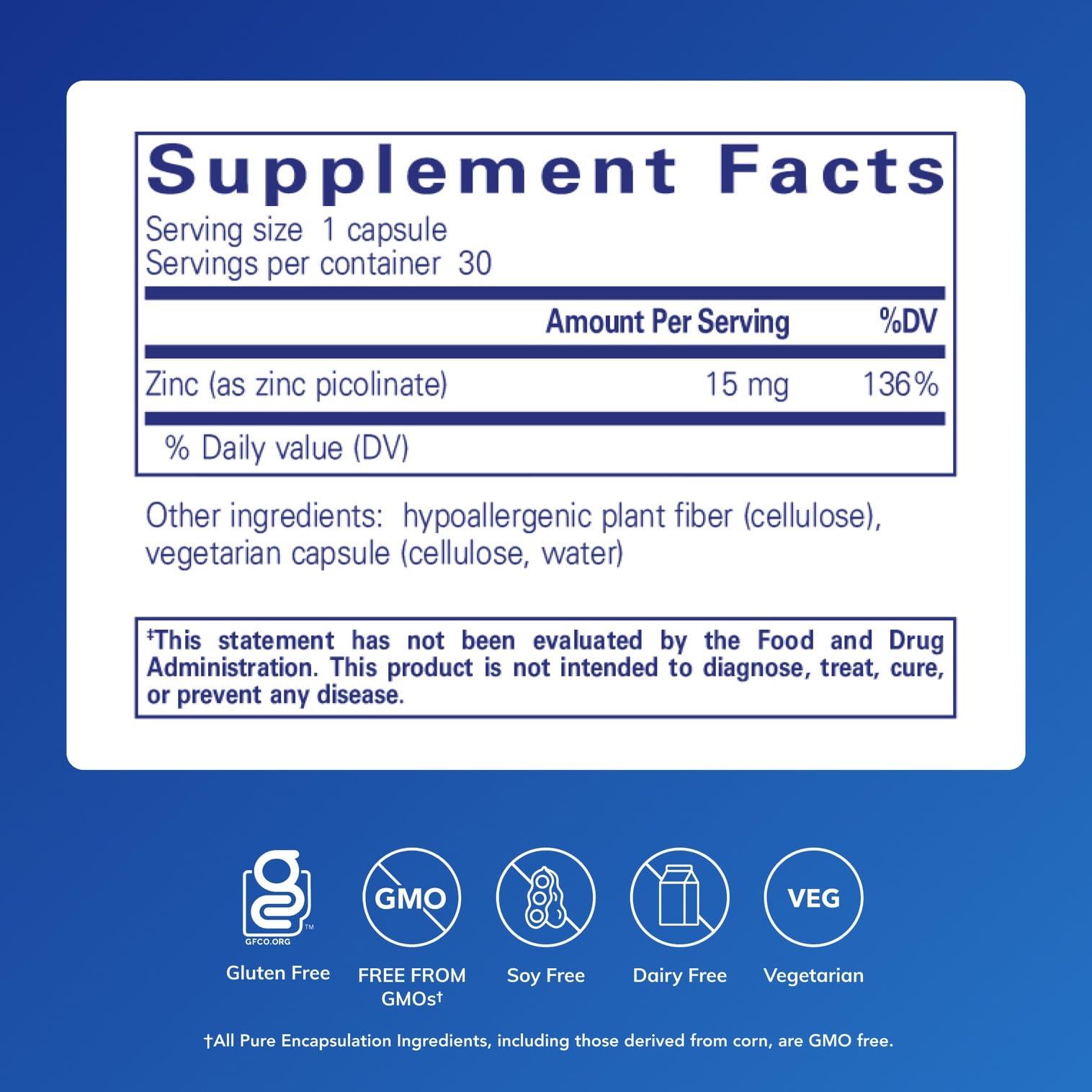 Pure Encapsulations Zinc 15 mg – Zinc Picolinate for Immunity & Healing (30 Capsules)