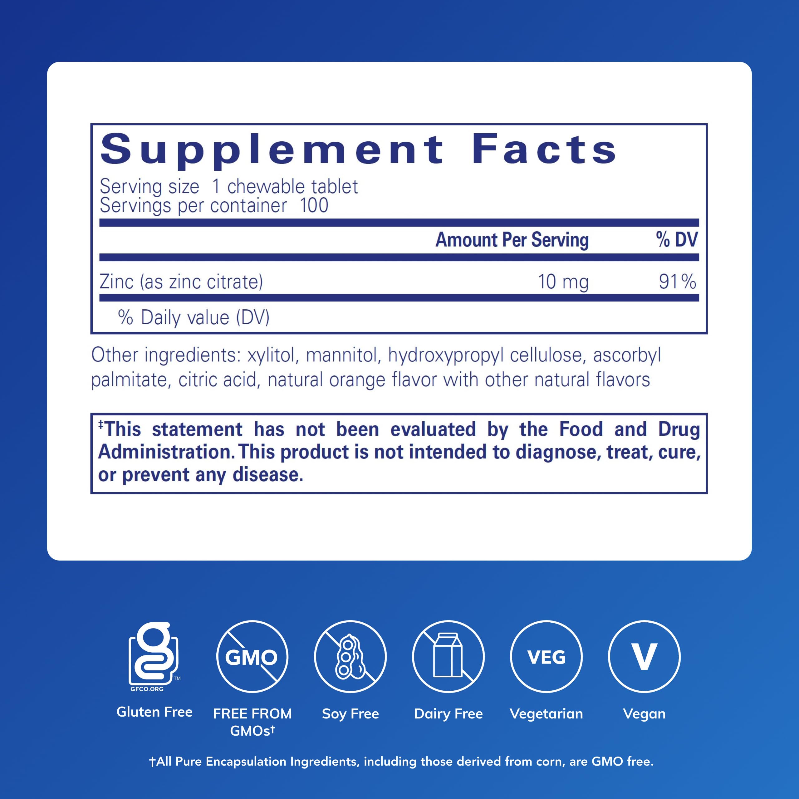 Pure Encapsulations Zinc Chewables | Immune Support, Growth & Wound Healing | 100 Orange Tablets
