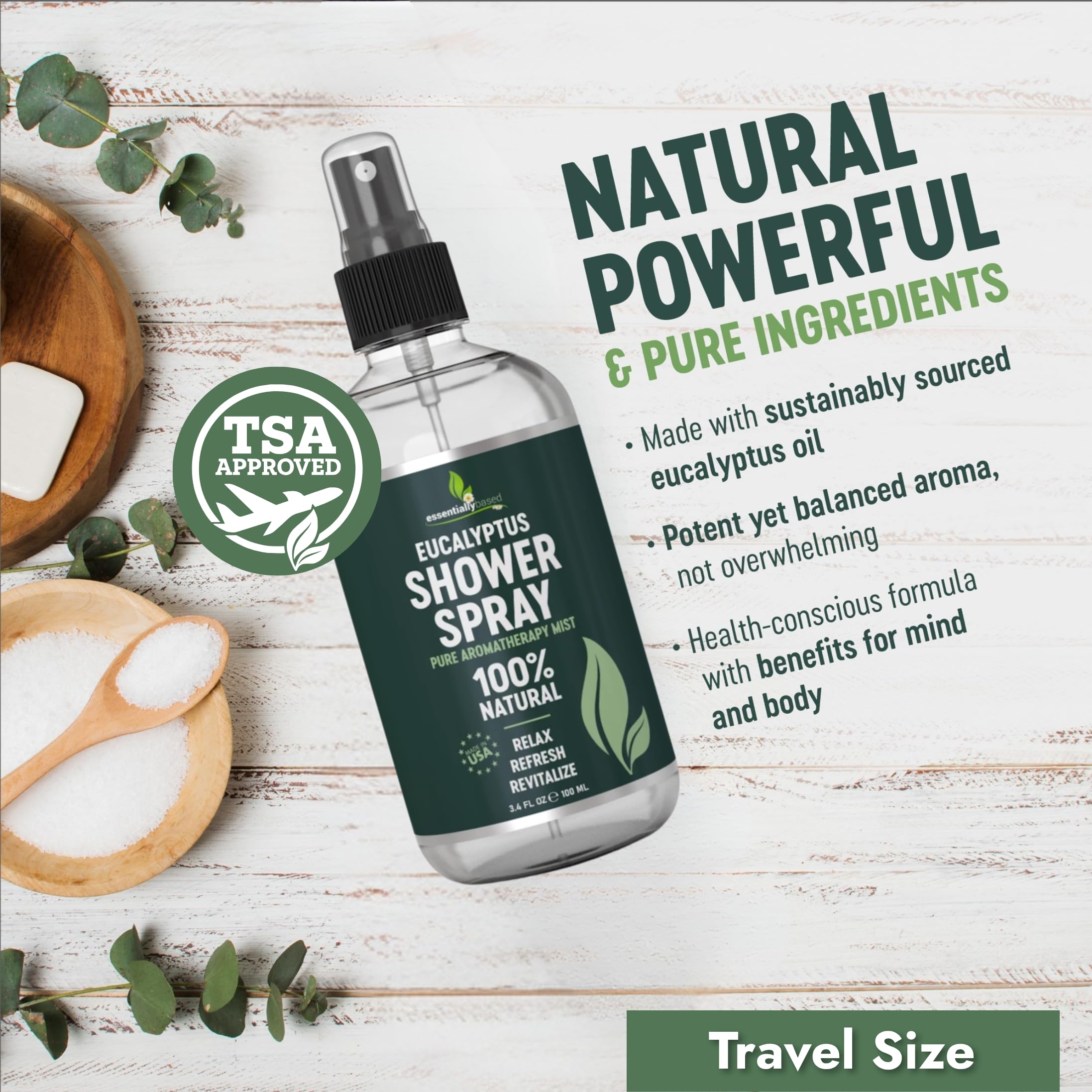 Pure Eucalyptus Shower Spray Travel Size (3.4oz) – 100% Organic Eucalyptus Oil – TSA Approved – Made in USA