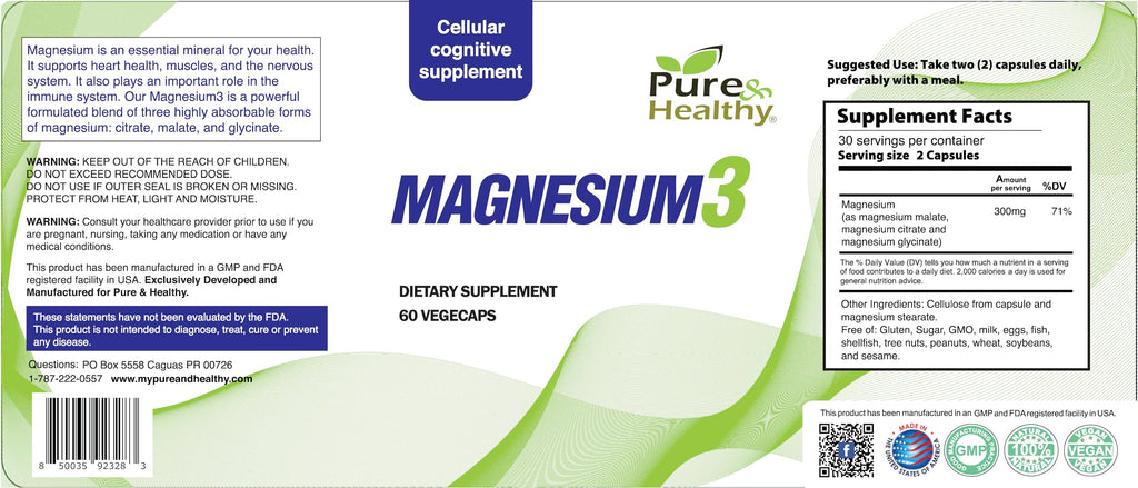 Pure & Healthy Magnesium3 – 300mg Magnesium Glycinate, Malate & Citrate for Muscles, Nerves, Stress & Energy