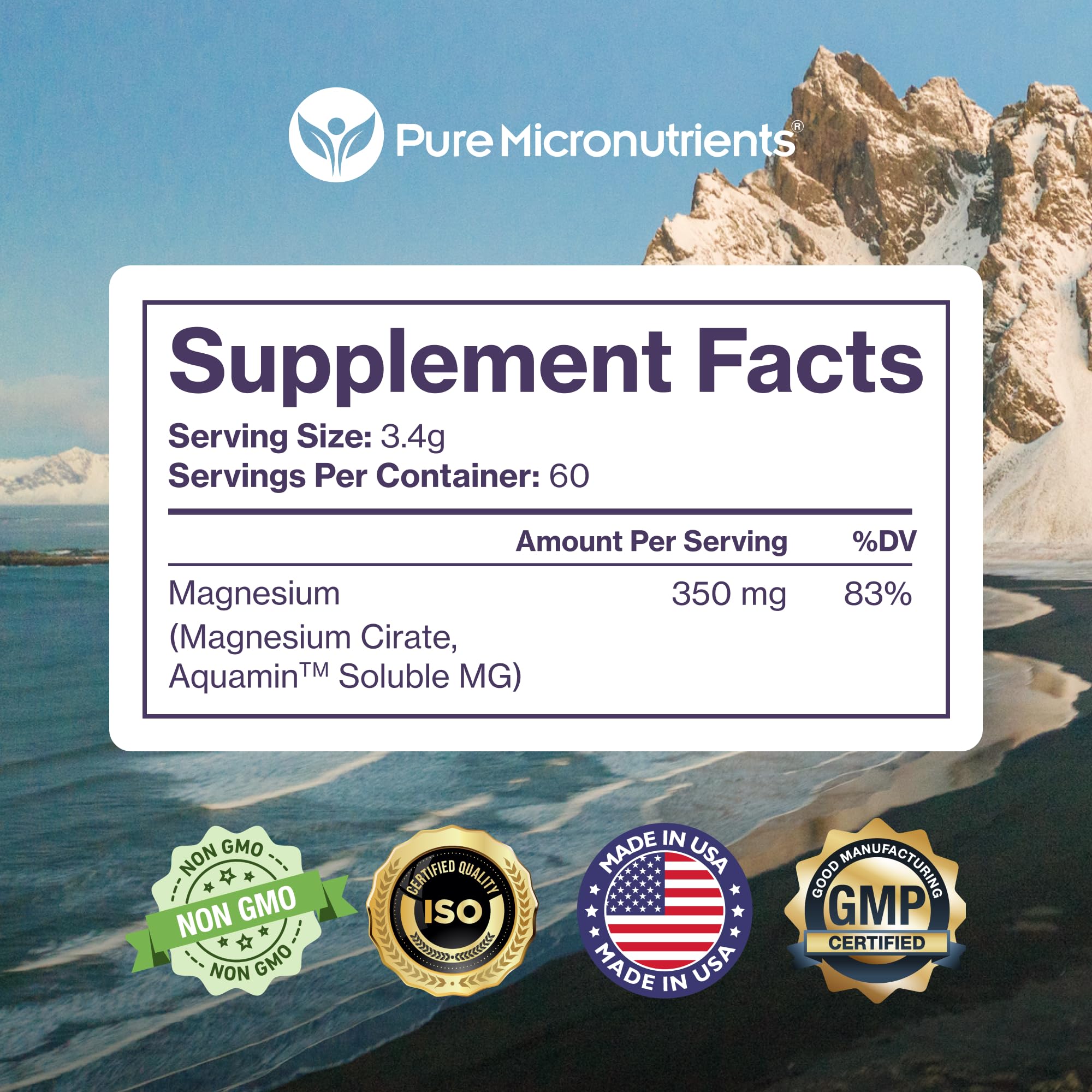 Pure Magnesium Citrate Powder to Support Sleep, Muscle & Bone Health, Energy, Heart & Digestion. Unflavored Magnesium Powder Drink Mix, Vegan, 60 Servings