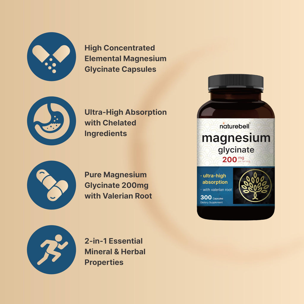 Magnesium Glycinate 200mg with Valerian – 300 Capsules | Chelated, High Absorption, Non-GMO, Gluten Free