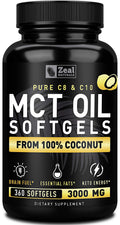 Zeal Naturals Pure MCT Oil Capsules - 3000mg, 360 Softgels | C8/C10 MCT from Coconut | Energy Support & Focus | Gluten-Free