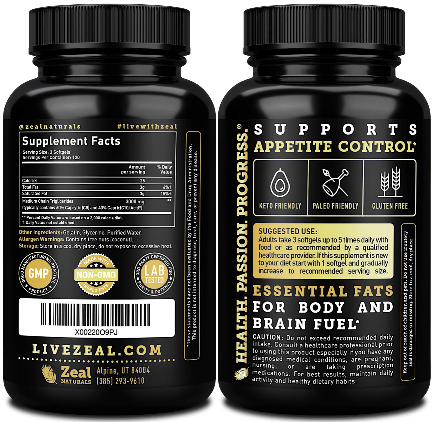 Zeal Naturals Pure MCT Oil Capsules - 3000mg, 360 Softgels | C8/C10 MCT from Coconut | Energy Support & Focus | Gluten-Free