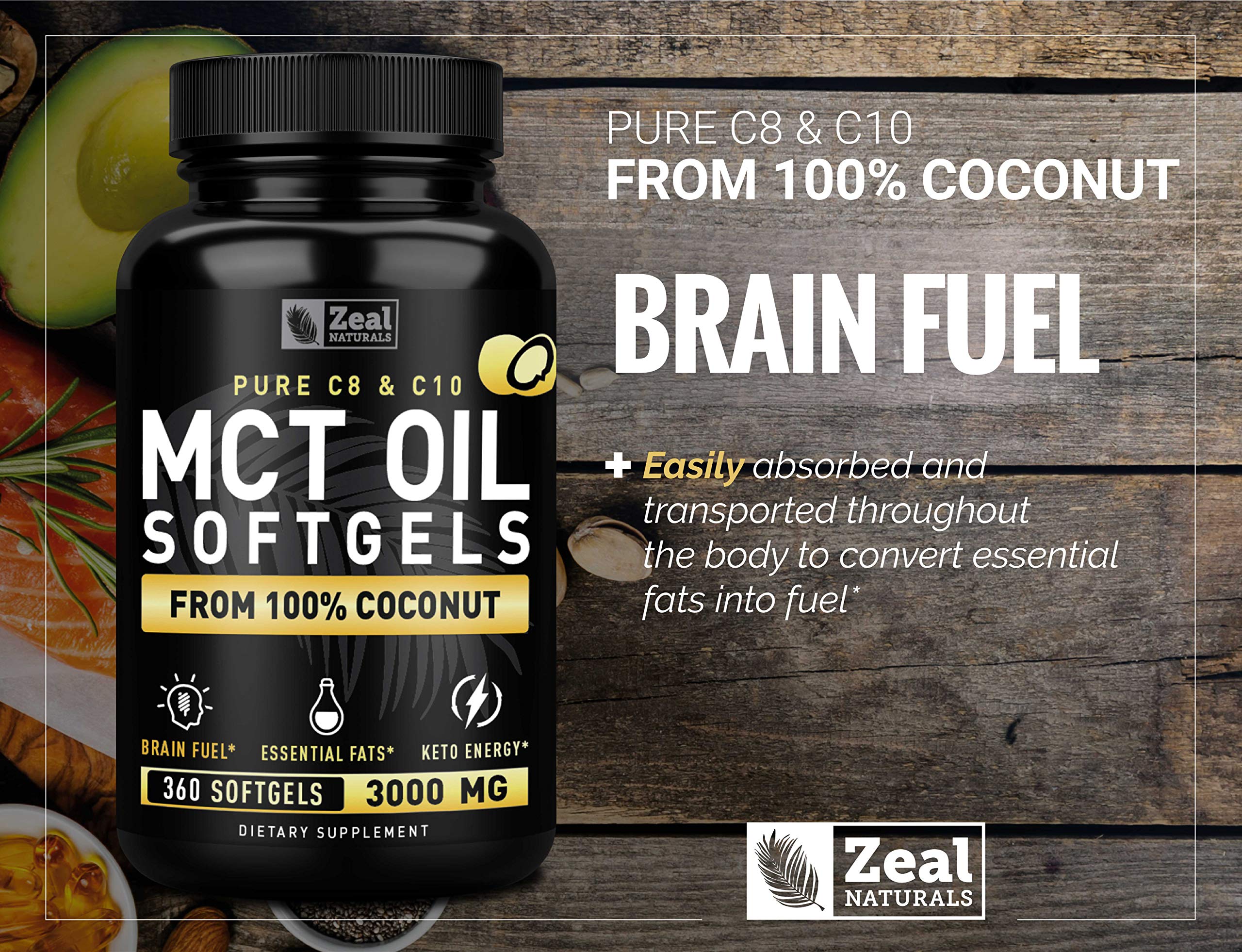 Zeal Naturals Pure MCT Oil Capsules - 3000mg, 360 Softgels | C8/C10 MCT from Coconut | Energy Support & Focus | Gluten-Free