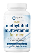 Pure Methylated Multivitamin for Men, 240 Capsules | 30 Key Nutrients with Vitamin C, D, E, B Complex + Methylfolate, lycopene, Saw Palmetto, Ginseng, & Maca | Men’s Daily Support | Filler Free