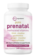 Pure Methylated Prenatal Vitamins for Women — 240 Veggie Capsules | 38 Vital Nutrients with DHA, Choline, Probiotics, Ginger, Inositol, & Methylfolate + Iron | No Fillers