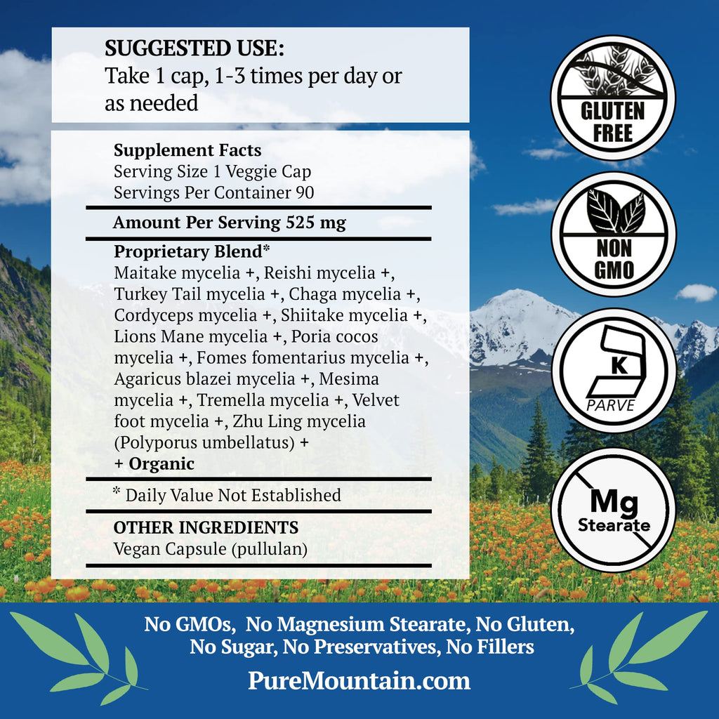 Pure Mountain Botanicals Mushroom Immune - 90 Kosher Capsules | 14 Medicinal Mushrooms