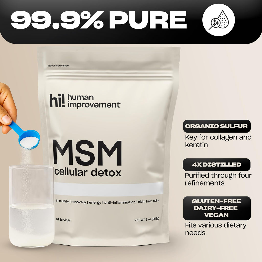 Pure MSM Powder | 99.9% Pure Organic Sulfur | Skin, Hair & Nails Support | Made in USA