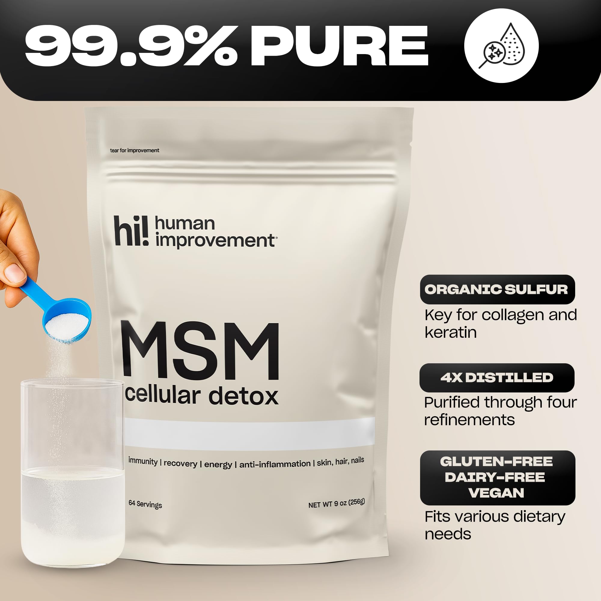 Pure MSM Powder | 99.9% Pure Organic Sulfur | Skin, Hair & Nails Support | Made in USA