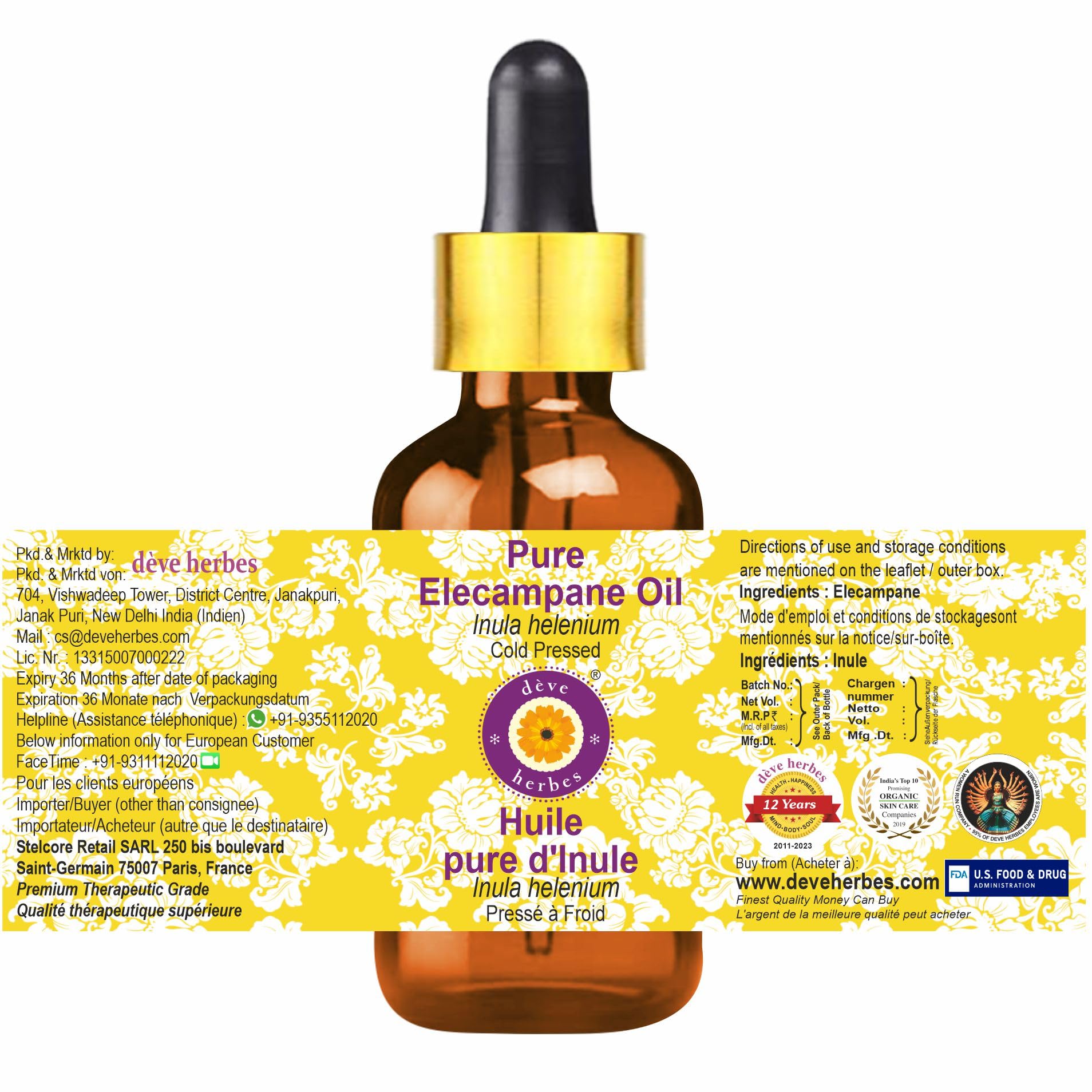 Deve Herbes Elecampane Oil (Inula helenium) – 2ml, Glass Dropper | Cold-Pressed