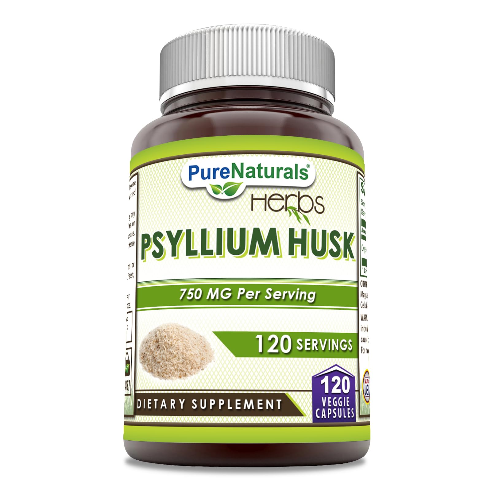 Pure Naturals Psyllium Husk Supplement | 750 Mg Per Serving | Veggie Capsules | Non-GMO | Gluten-Free | Made in USA (120 Count)