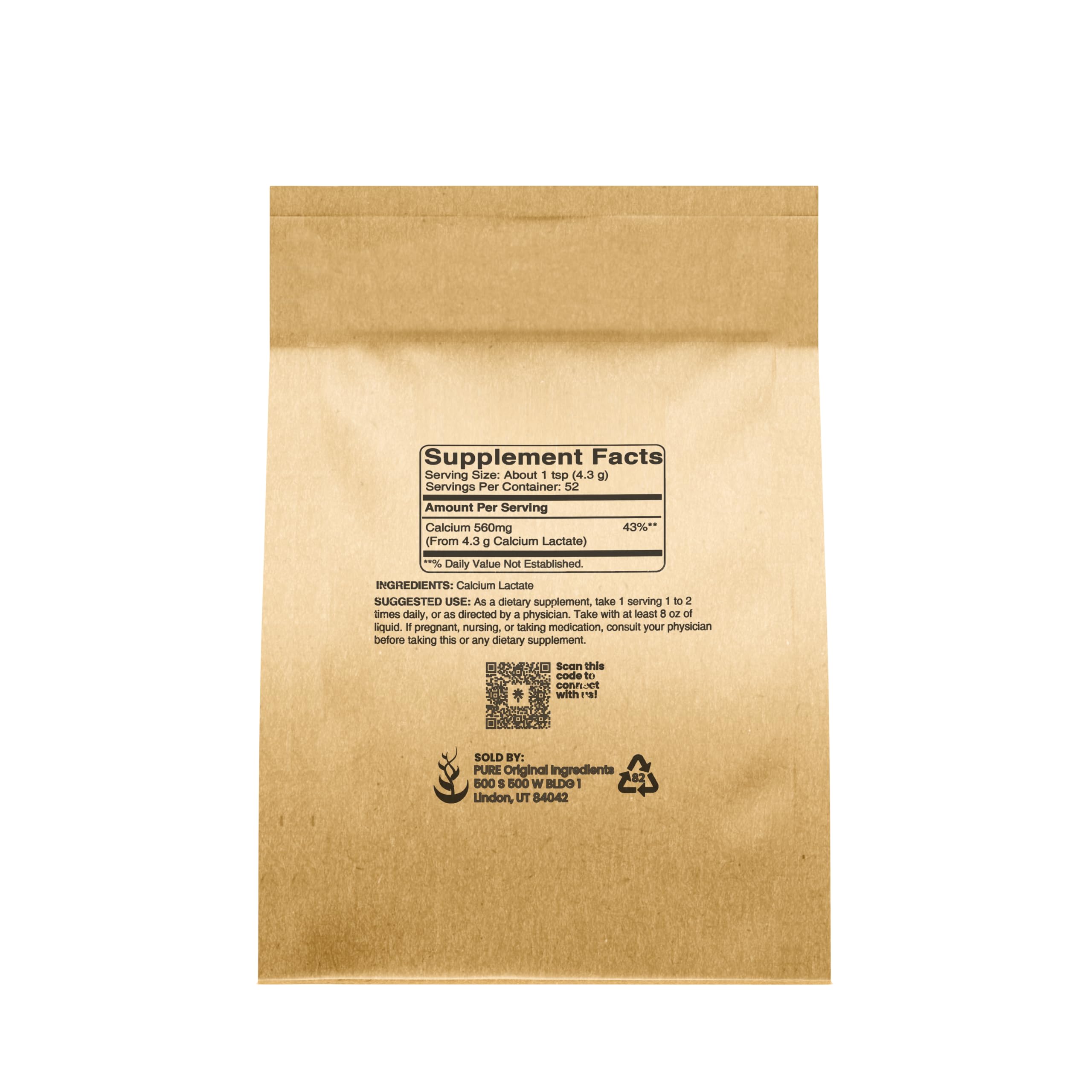 Pure Original Calcium Lactate (8 oz) - Calcium Supplement & Electrolyte | Pure Original Ingredients