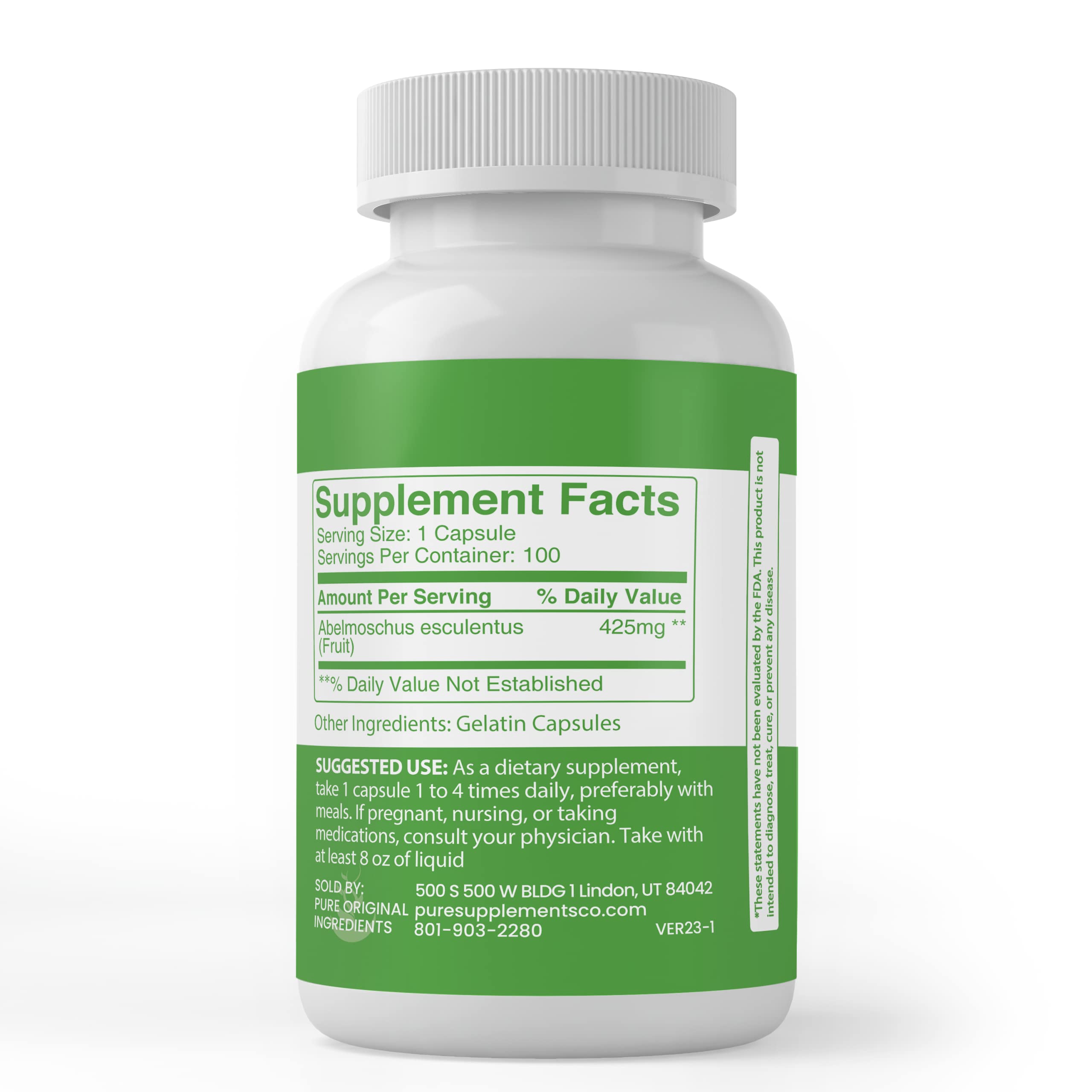 Pure Original Ingredients Okra Extract (100 Capsules) – Always Pure, No Additives or Fillers
